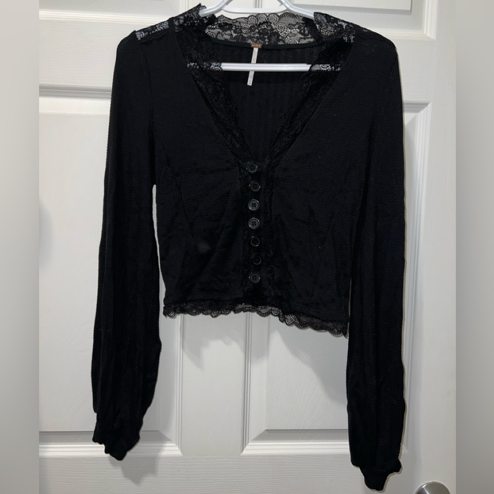Free People Black Lace Button Up Long Sleeve Cropped Top